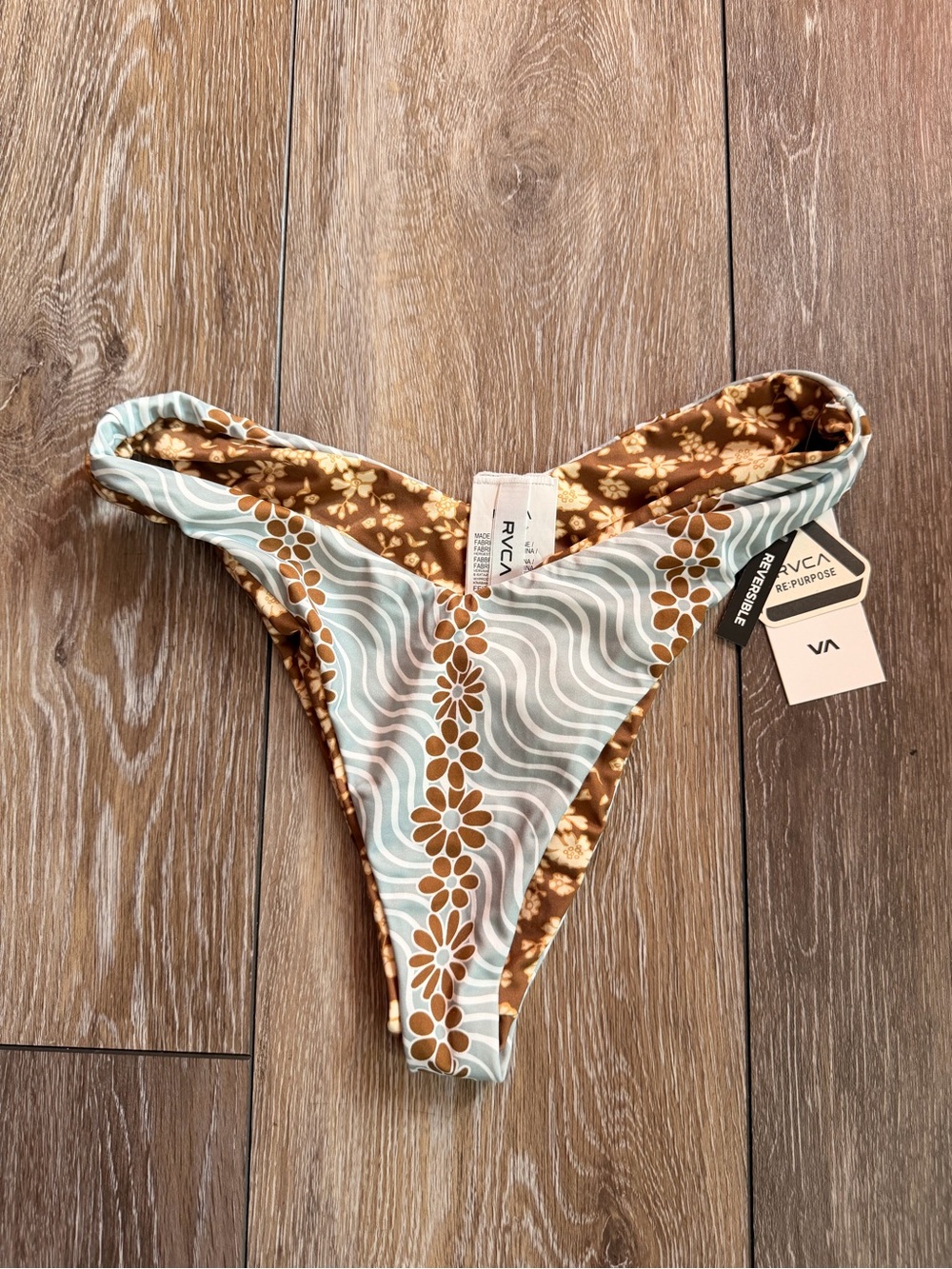 RVCA Reversible Floral Bikini Bottom in Light Blue & Brown